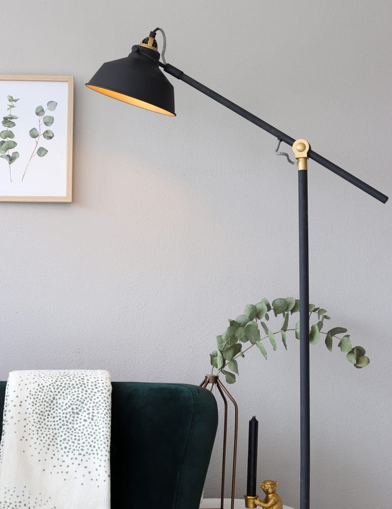 Bijproduct helling arm Staande lamp met gouden details Mexlite Nové zwart - Directlampen.nl