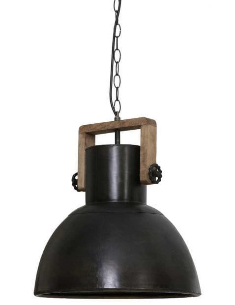Zwarte industriële lamp met hout