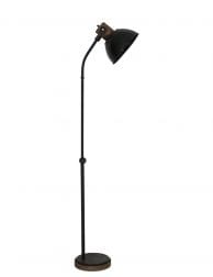 Zwarte industriële vloerlamp met houten details