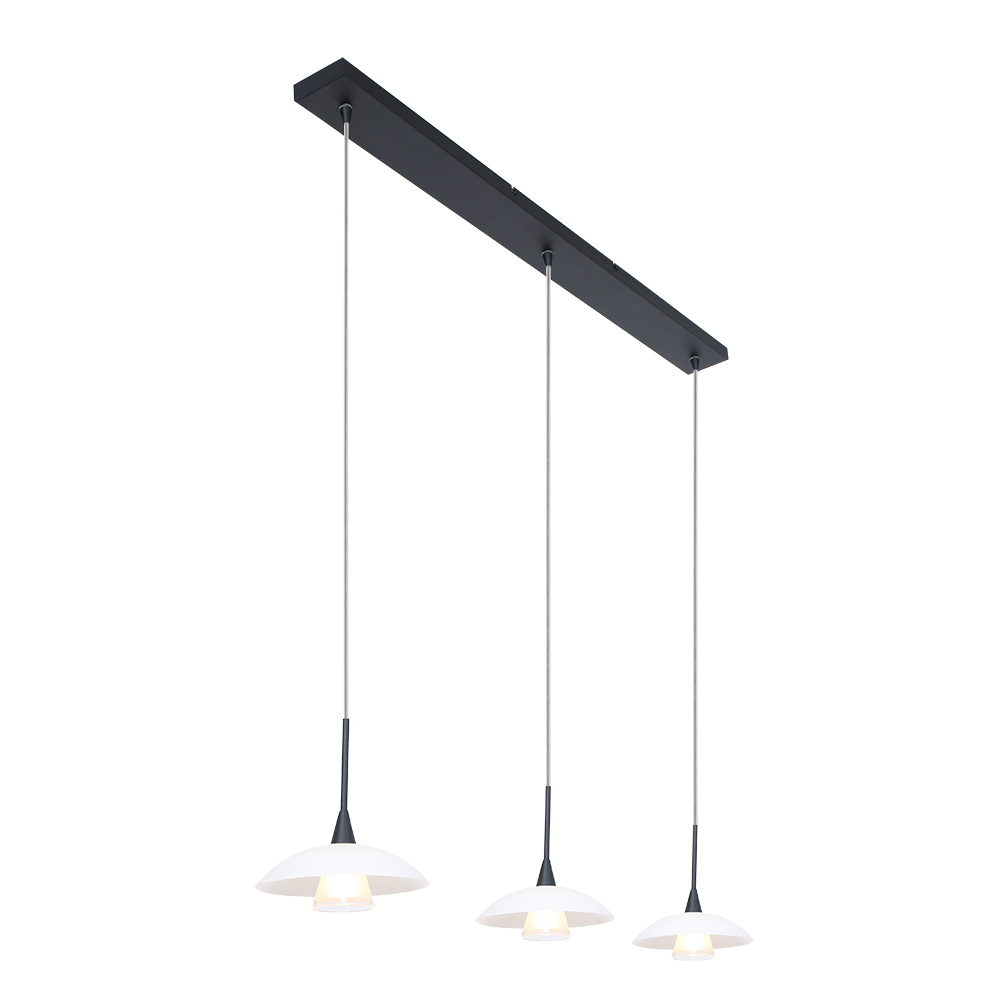 Zwarte hanglamp 3 witte glazen Steinhauer Tallerken