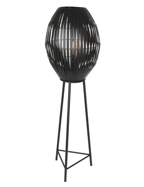 Zwarte driepoot vloerlamp met zwarte bol-