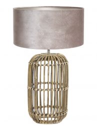 Rotan tafellamp met grijze velours kap-7022B