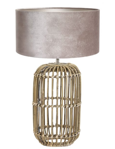 Rotan tafellamp met grijze velours kap-7022B