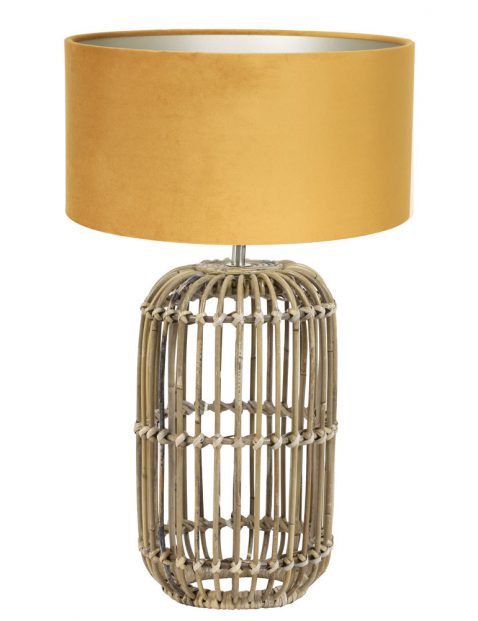 Rotan tafellamp met okergouden kap-7023B