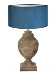 Houten tafellamp met fluweel blauwe kap-7076B