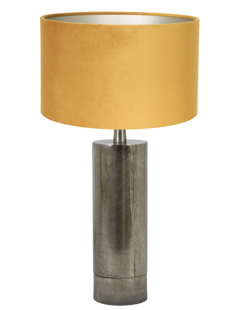 Zilveren schemerlamp met okergele kap-8418ZW