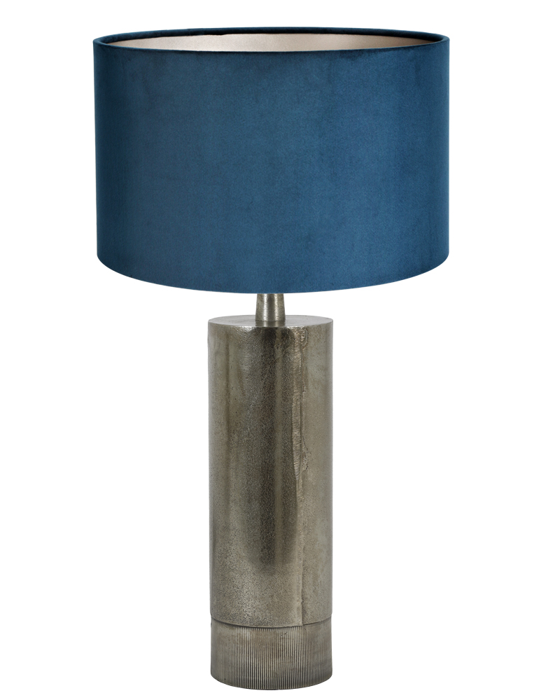 Zilveren tafellamp met blauwe velours kap-8421ZW