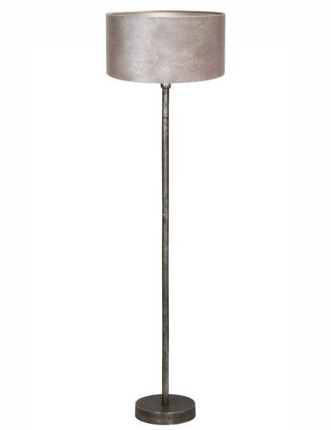 Verweerde metalen vloerlamp met grijze velvet kap-8422ZW