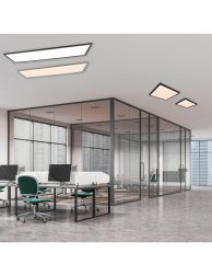 Open space office with green chairs, meeting room