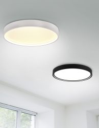 Suspended ceiling with modern LED lighting. Turned on lamps on the ceiling in office of white colours