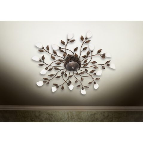 Chandelier on ceiling with classic design decorations and lights on in six lamps.