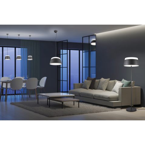 Modern house interior. Kitchen behind glass partitions. Night. Evening lighting. 3D rendering.