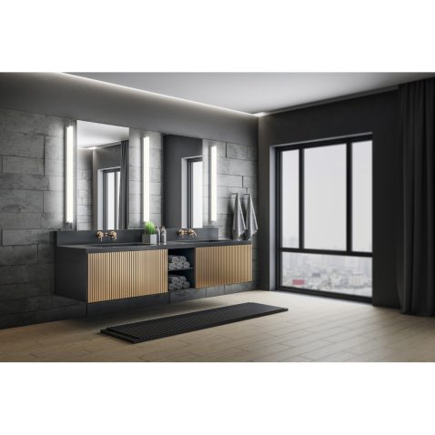 Modern gray bathroom with mirror, comfortable bathtub and city v
