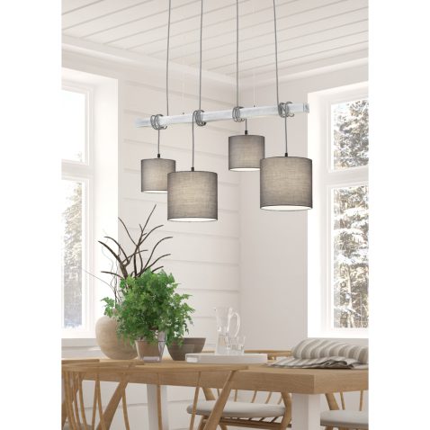 White dinner room with winter landscape in window. Scandinavian