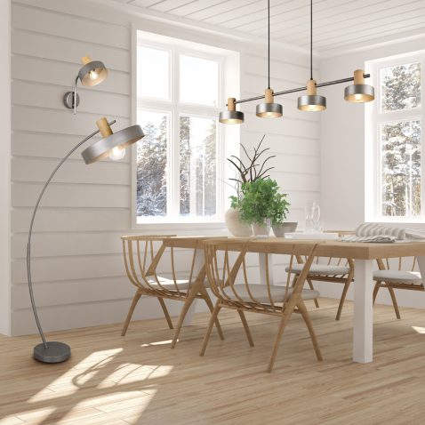 White dinner room with winter landscape in window. Scandinavian