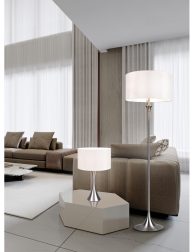 Contemporary living room in light colors with high ceilings and