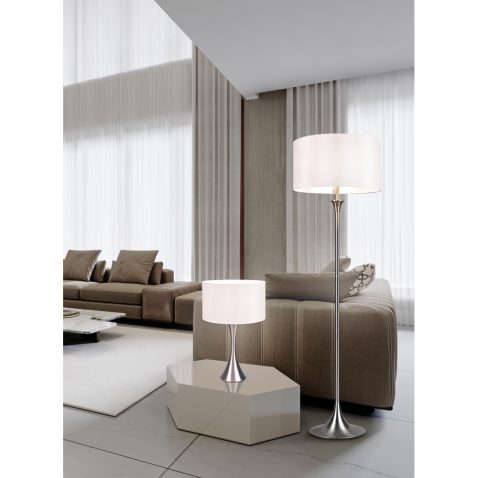Contemporary living room in light colors with high ceilings and