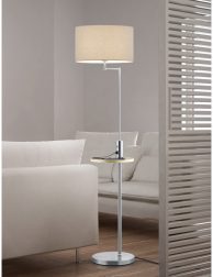 Modern clean living room with kitchen and dining table, sofa, po