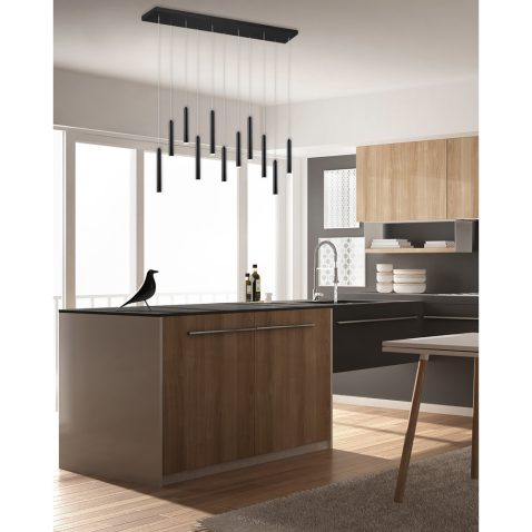 Modern minimalistic wooden kitchen with dining table, carpet and
