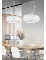 White and wooden dining room and kitchen