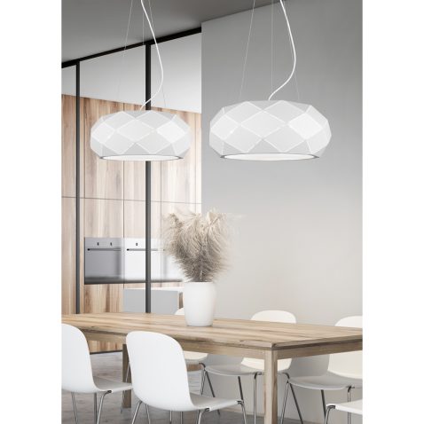White and wooden dining room and kitchen