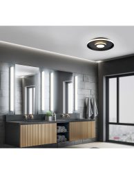 Modern gray bathroom with mirror, comfortable bathtub and city v
