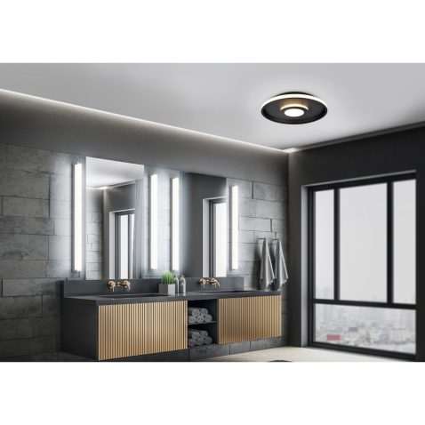 Modern gray bathroom with mirror, comfortable bathtub and city v