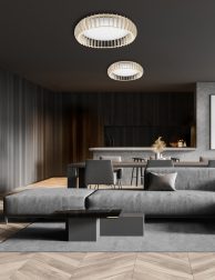 Panoramic gray living room with poster