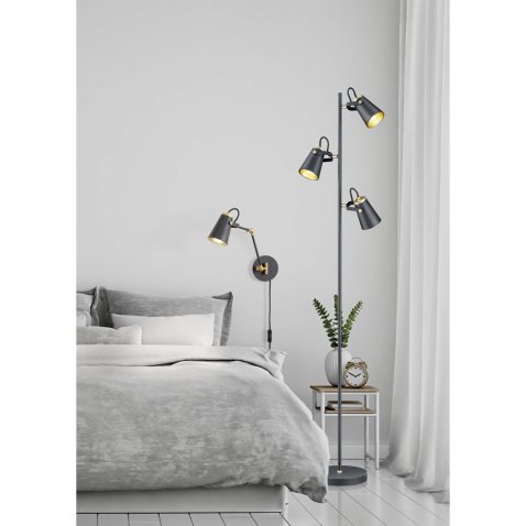 Home interior wall mock up with unmade bed, cushions, curtains and green plant in white bedroom. 3D rendering.