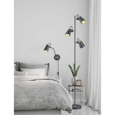 Home interior wall mock up with unmade bed, cushions, curtains and green plant in white bedroom. 3D rendering.