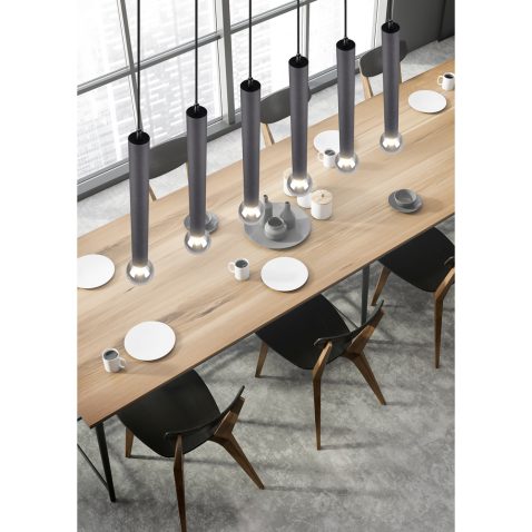 Panoramic dining room with grey chairs, top view