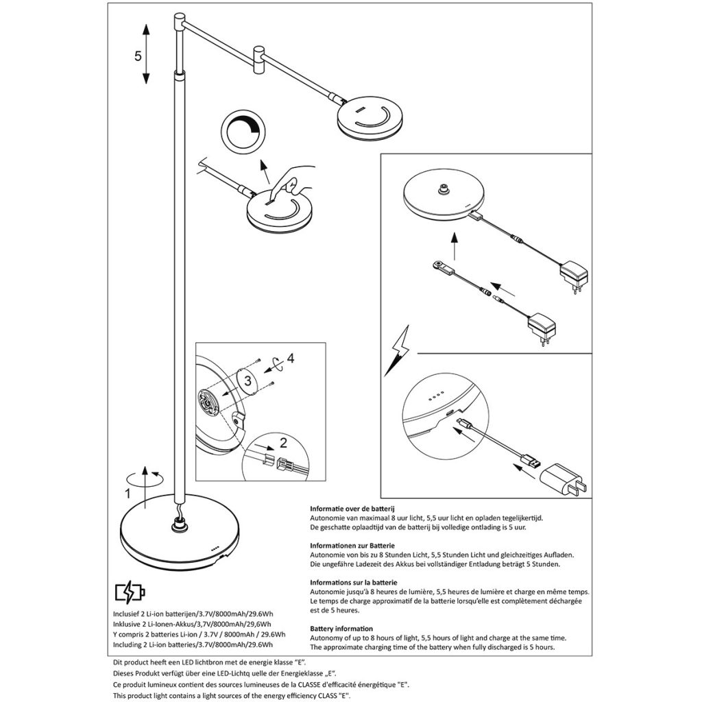 Moderne zwarte accu vloerlamp zwenkarm Steinhauer Soleil - Afbeelding 9