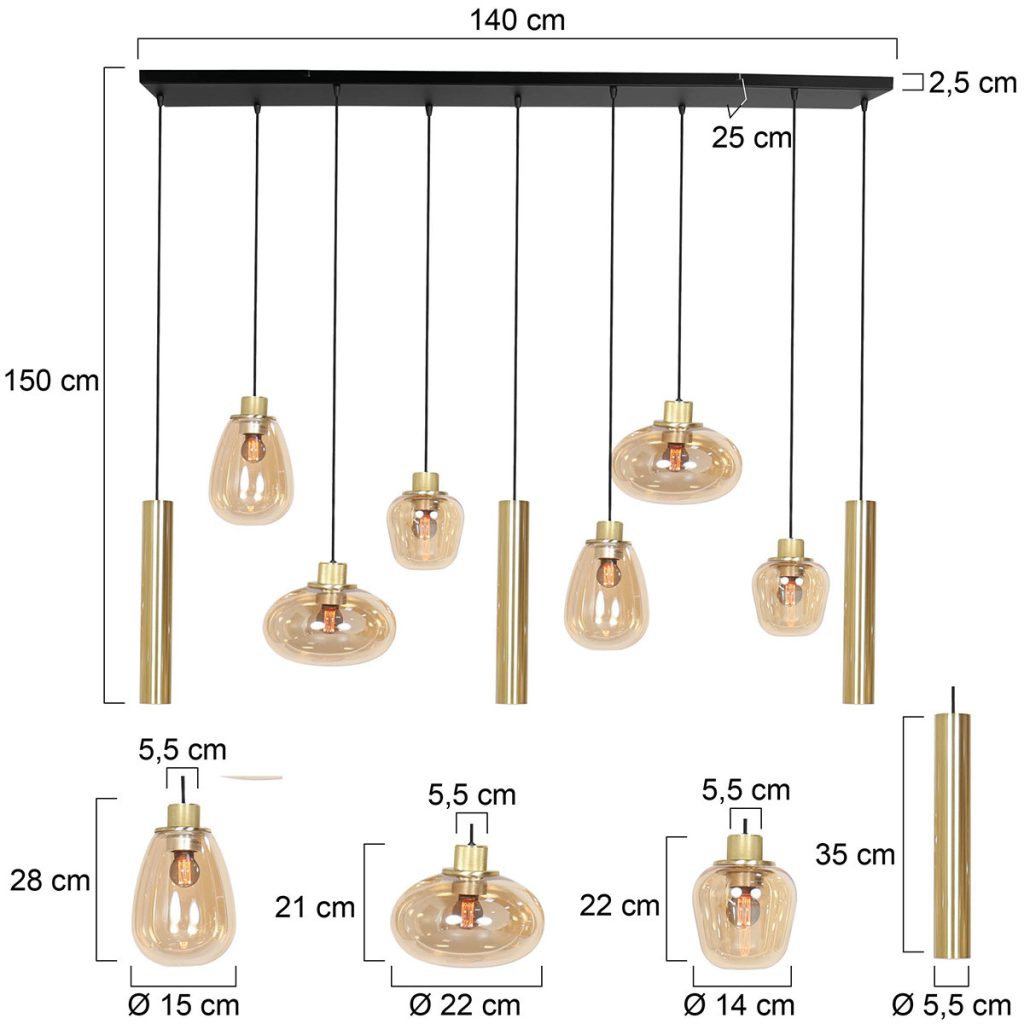Messing 9-lichts hanglamp glasvormen/kokers Steinhauer Reflexion - Afbeelding 8
