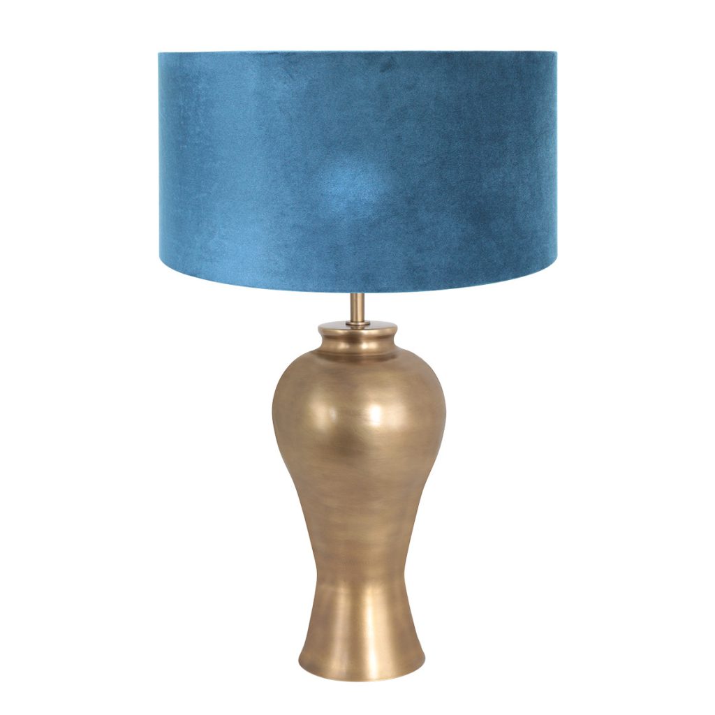 bronzen-lampenvoet-met-blauwe-velvet-kap-tafellamp-steinhauer-brass-blauw-en-brons-7306br-1