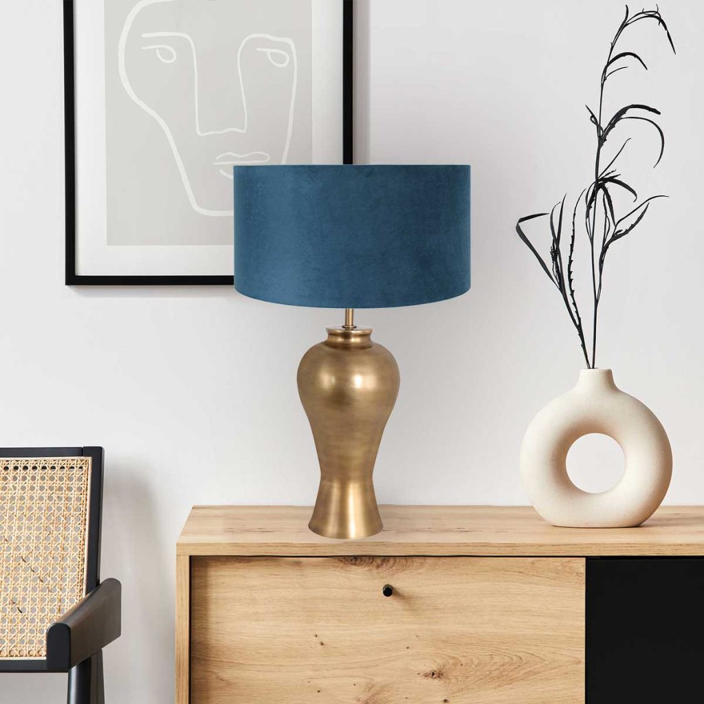 Bronzen lampenvoet met blauwe velvet kap Steinhauer Brass - Afbeelding 3