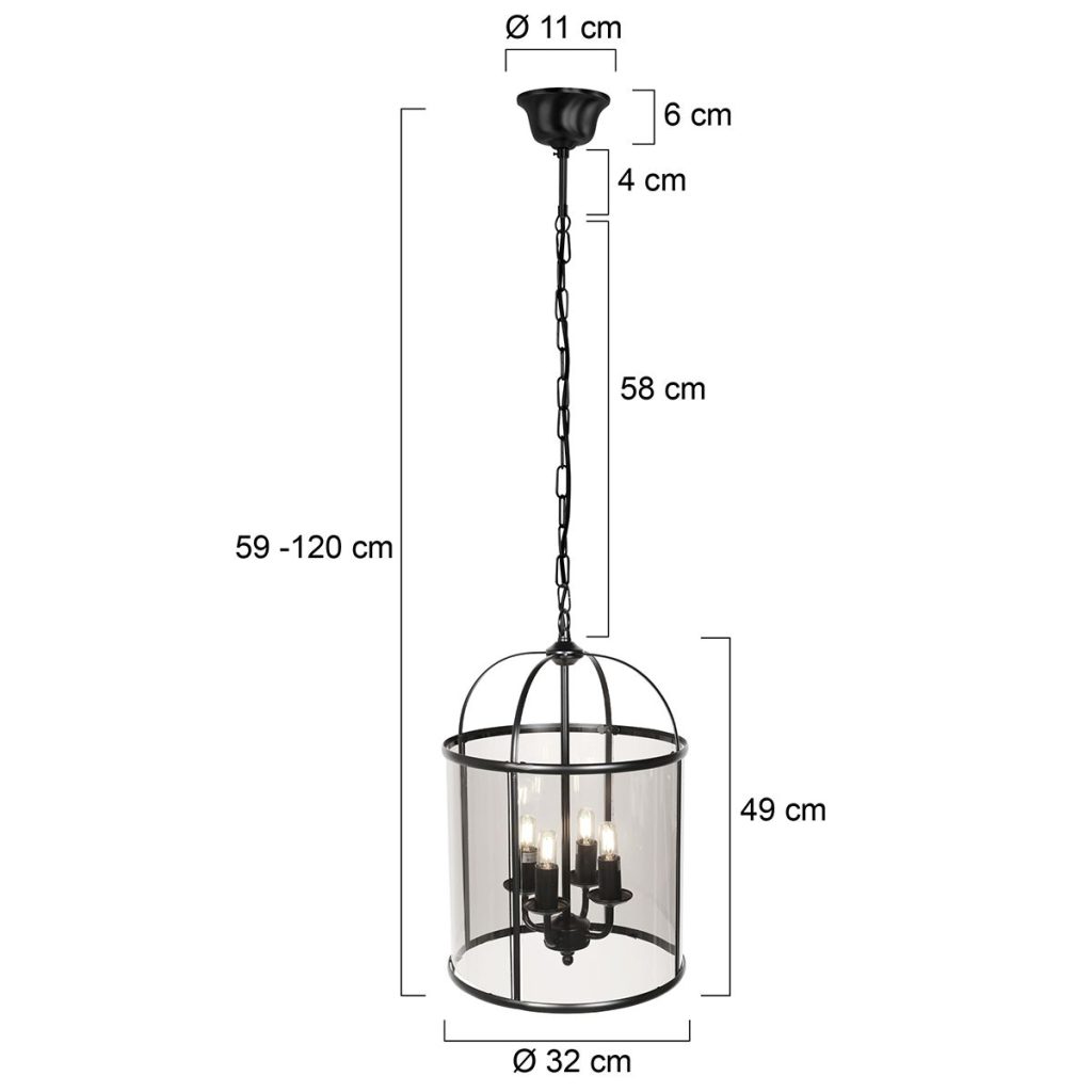 Zwarte 4-lichts lantaarnvormige hanglamp glas/metaal Steinhauer Pimpernel - Afbeelding 5