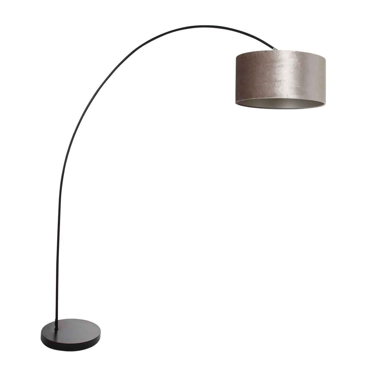 booglamp-solva-3895zw-zwart-met-een-taupe-fluwelen-lampenkap-vloerlamp-mexlite-solva-zilver-en-zwart-3895zw