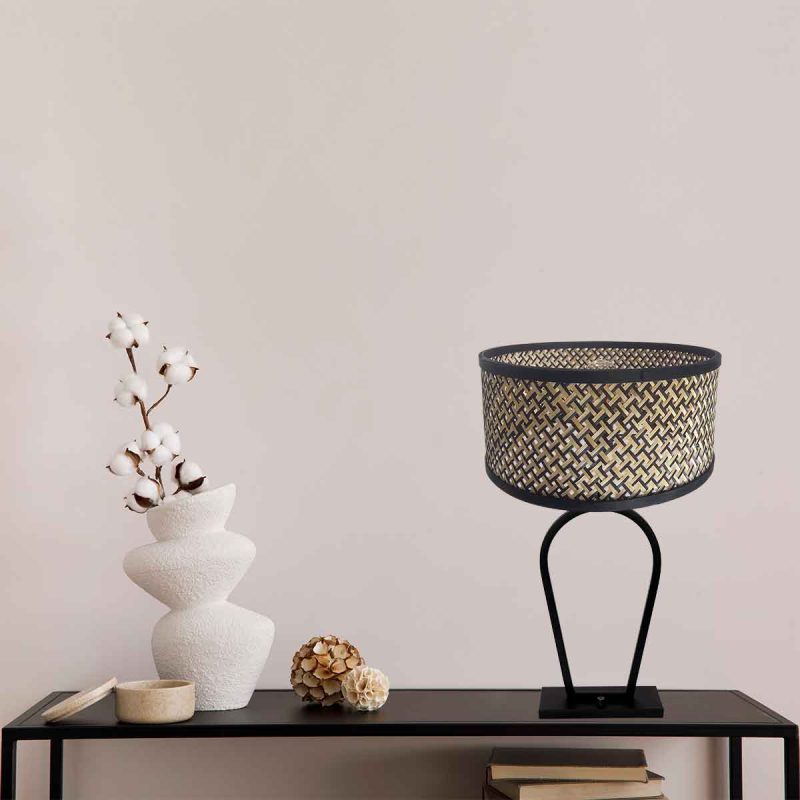 Zwarte design tafellamp met rieten lampenkap Steinhauer Stang - Afbeelding 3