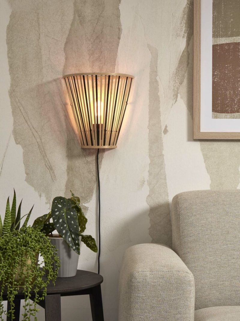 Zwart/naturel bamboe wandlamp halfopen GOOD&MOJO Merapi - Afbeelding 2