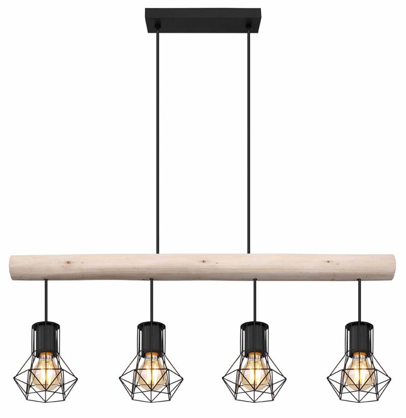 4-diamantkap hanglamp zwart metaal/hout Globo Priska - Afbeelding 2