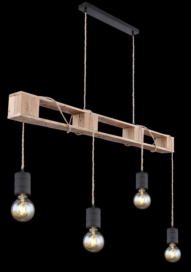4-lichts naturel/zwarte hanglamp hout/metaal Globo Joelle - Afbeelding 4