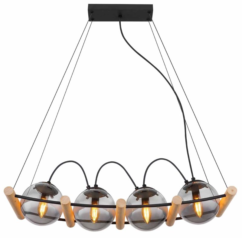 Hanglamp modern zwart metaal hout Globo Leona - Afbeelding 2