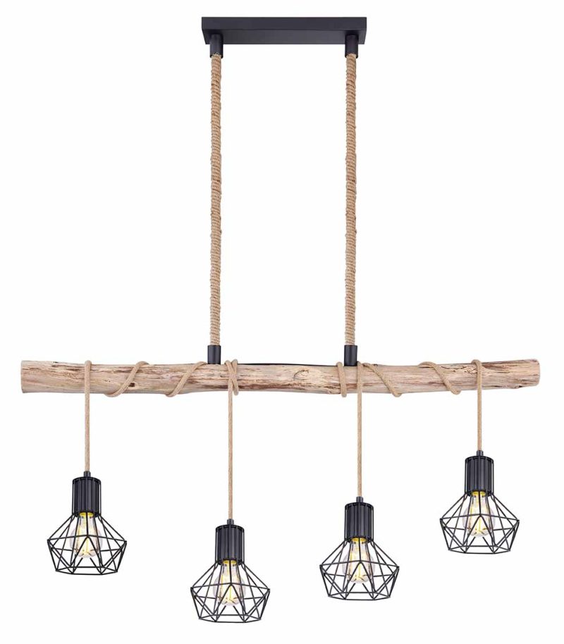 Hanglamp zwart 4-diamantkap hout/hennep Globo Priska - Afbeelding 2
