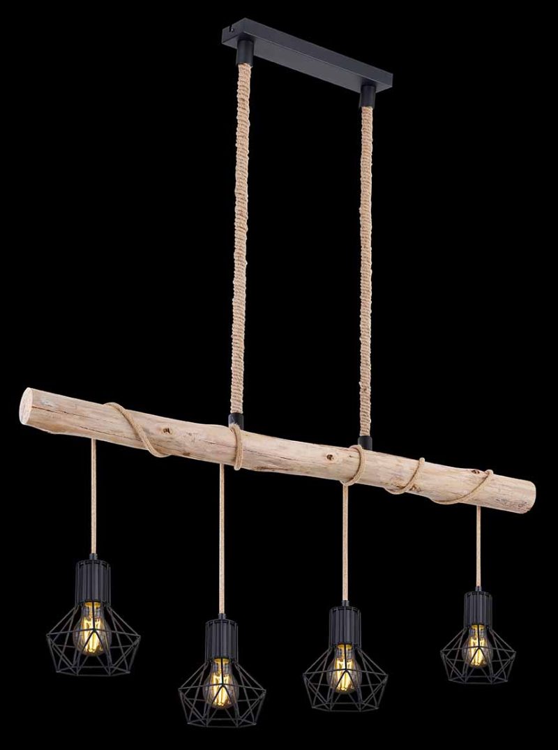 Hanglamp zwart 4-diamantkap hout/hennep Globo Priska - Afbeelding 4