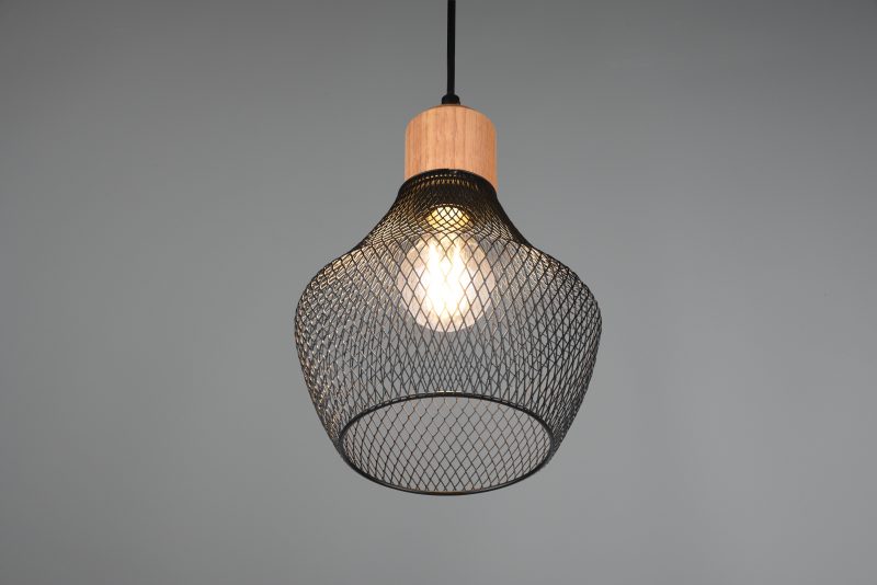 Hanglamp zwart metaal draadvlechtwerk houtdetail Valeria - Afbeelding 2