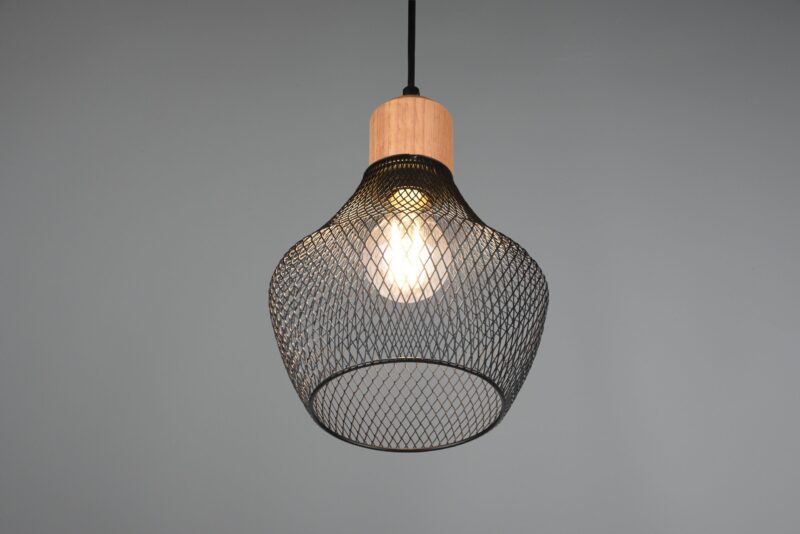 Hanglamp zwart metaal draadvlechtwerk houtdetail Valeria - Afbeelding 2