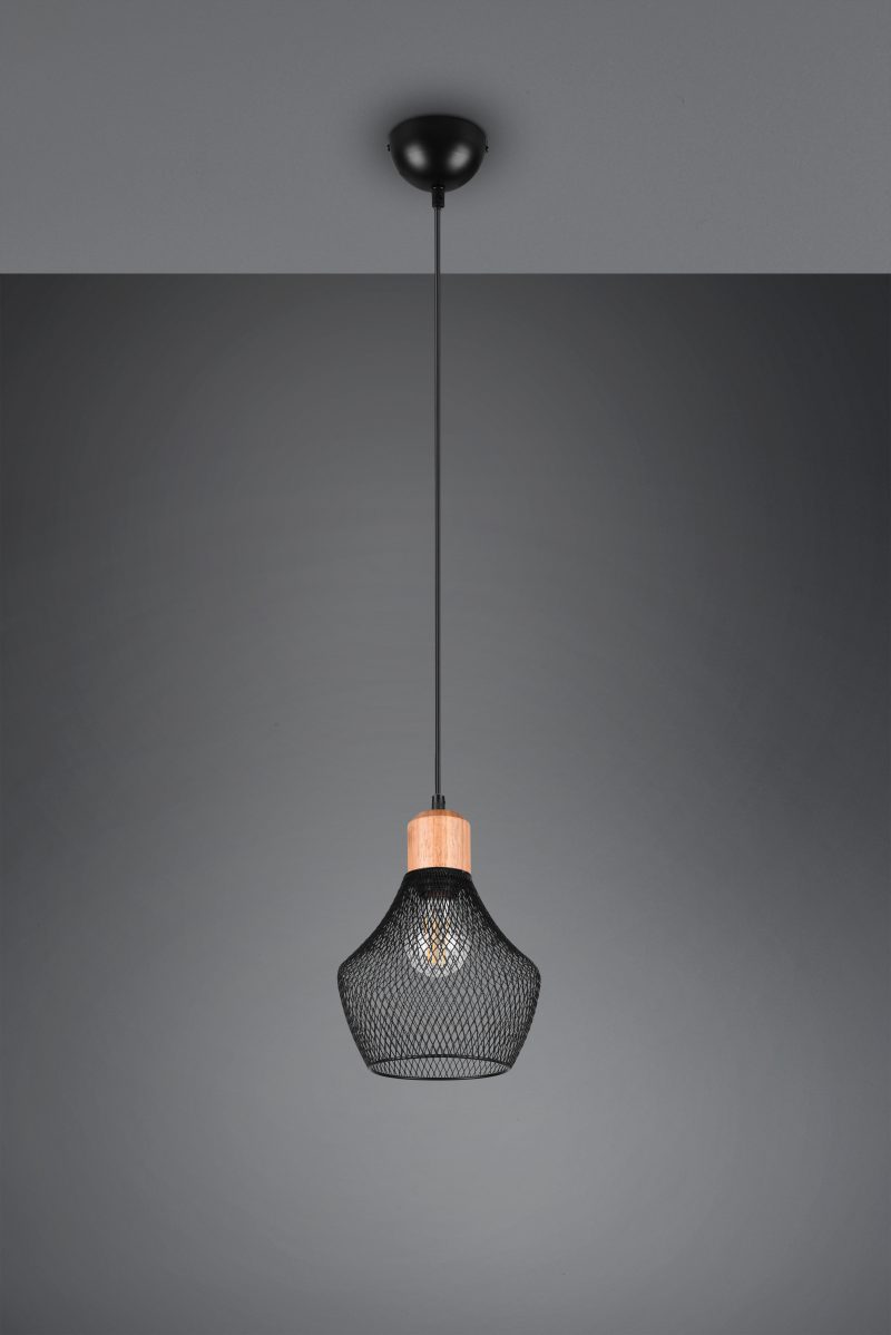 Hanglamp zwart metaal draadvlechtwerk houtdetail Valeria - Afbeelding 3