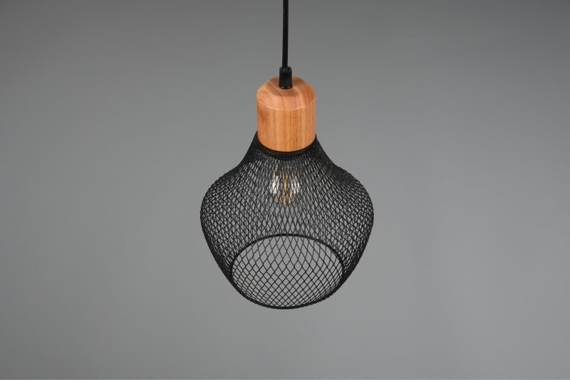 Hanglamp zwart metaal draadvlechtwerk houtdetail Valeria - Afbeelding 4