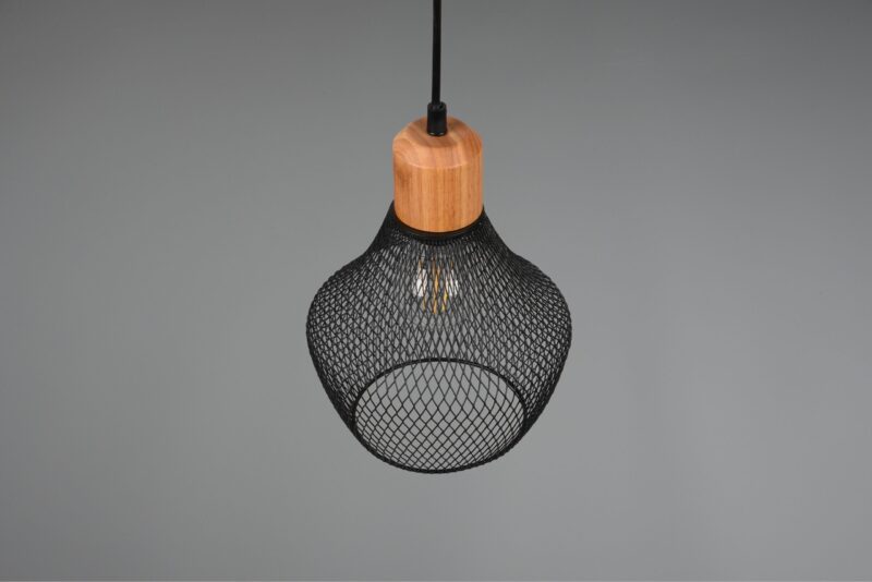 Hanglamp zwart metaal draadvlechtwerk houtdetail Valeria - Afbeelding 4