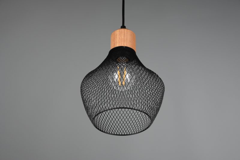 Hanglamp zwart metaal draadvlechtwerk houtdetail Valeria - Afbeelding 5